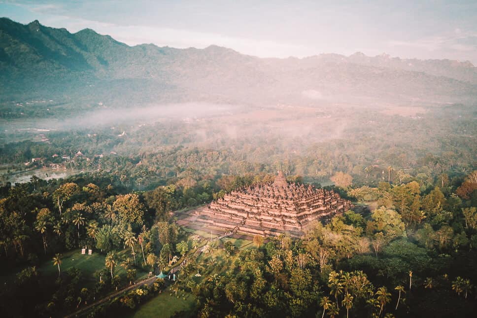 Travel Diary #22: 2 weeks in Java with our kids Drone shot of the Borobudur complex by sunset