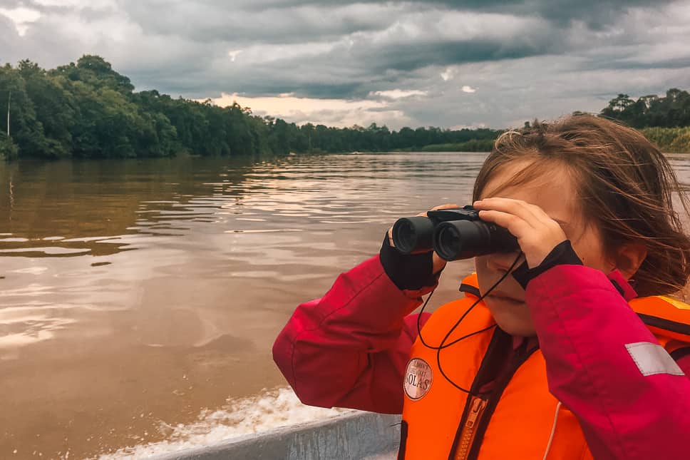 Kinabatangan River Borneo: guide to a bucket list jungle experience Kid is wildlife spotting with a binocular in Borneo