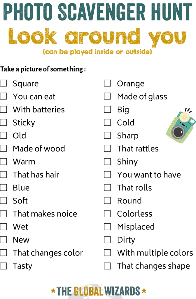 Indoor or outdoor photo scavenger hunt for kids
