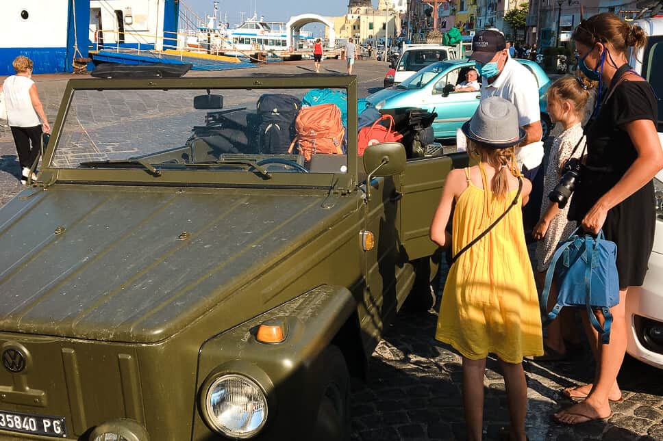 Luxury glamping Italy: Procida Camp Resort review Arriving by ferry at Porto Marina di Procida Vintage VW Jeep