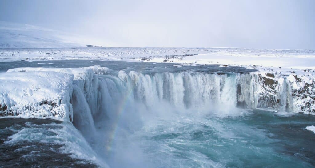 Godafoss waterfall in winter in north iceland