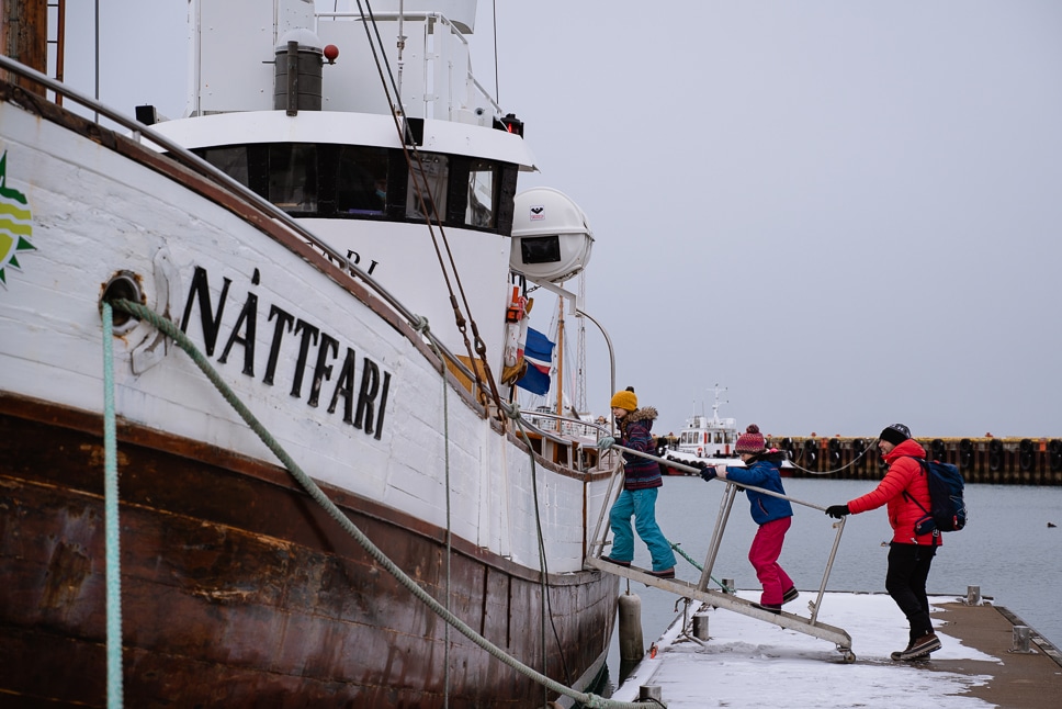 Whale Watching in Iceland: Where and When + Our Top Tips family boarding a boat to go whale watching