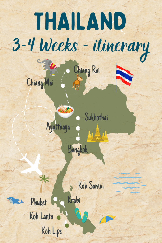 The ultimate Thailand itinerary 3-4 weeks This is a map of Thailand with a 3 -4 weeks itinerary