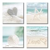 30 Gifts for beach lovers UTOP-art Aqua Beach Seashell Pictures Artwork: Love & Starfish Canvas Print Wall Art for Bathroom (12'' x 12'' x 4 Panels)
