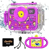 30+ travel gifts for kids that they will love Ourlife Kids Waterproof Camera Gifts for Girls, 1080P HD Digital Video Camera with 2.4'' IPS Screen, Fill Lights, Children Selfie Underwater Camera Toy for Little Girls with TF Card, Silicone Handle