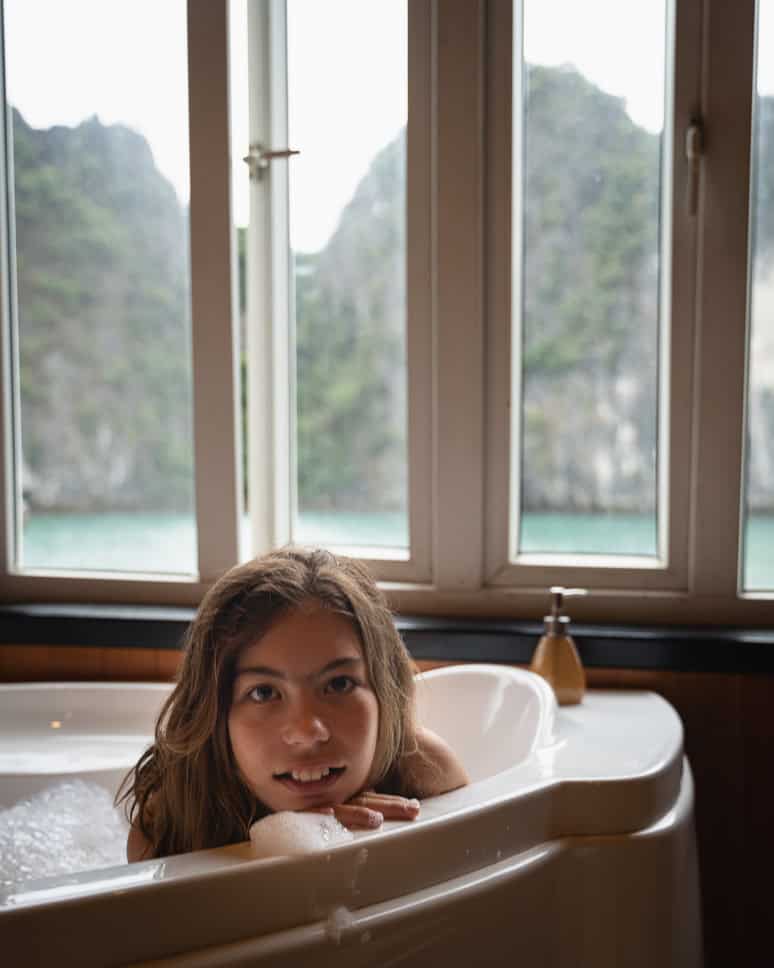 Indochina Junk overnight cruise bathroom with view