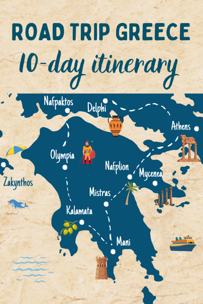 The ultimate 10-day itinerary for Greece + Peloponnese Map with a 10 day itinerary for Greece
