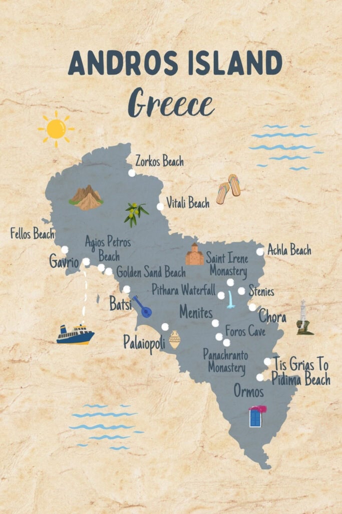 Map of Andros Island in Greece Itinerary