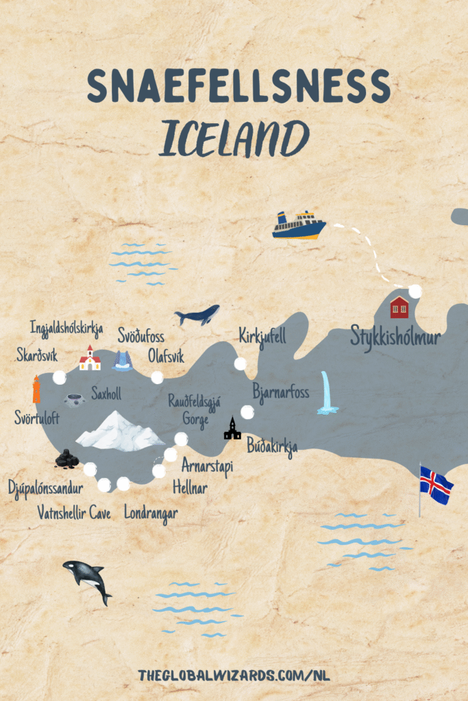 Snaefellsnes Peninsula in Iceland: the best things to do + itinerary This is a map of the Snaefellsnes peninsula in Iceland with the best things to do