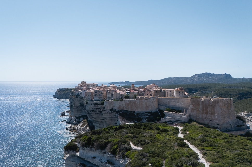 Drone footage of Bonifacio on the cliffs and the hiking trail in Corsica.