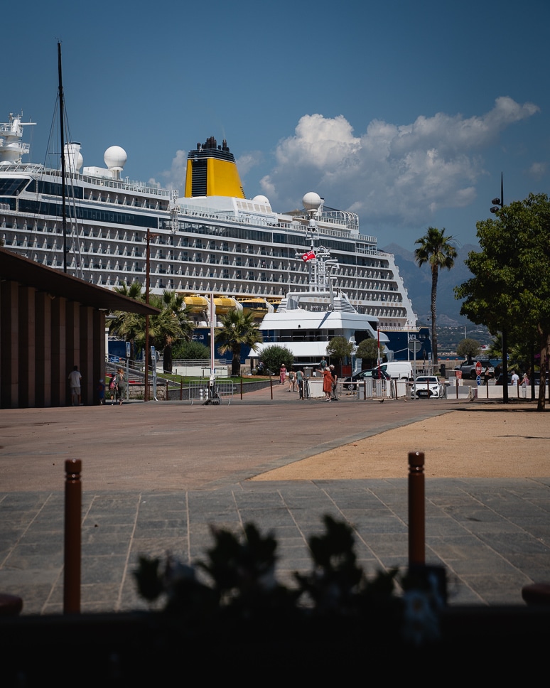 Cruise ship and ferry in the new port of Ajaccio, Corsica.