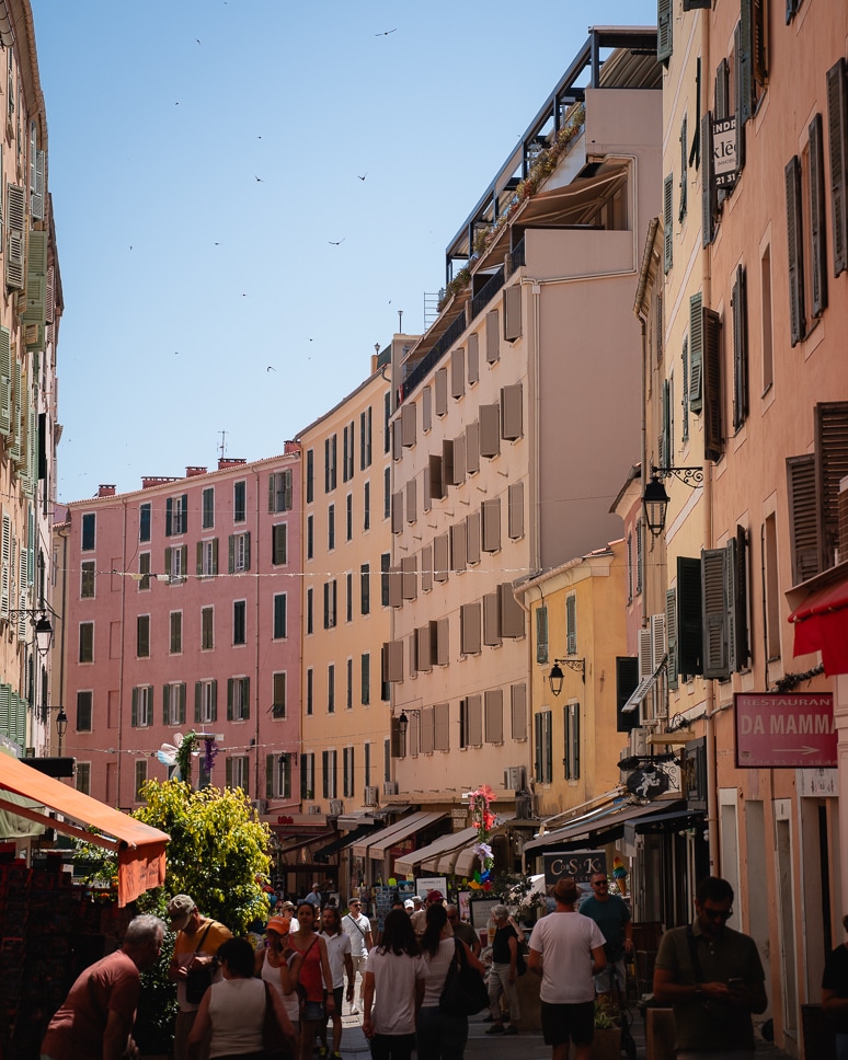 Colored houses on Rue Cardinal Fesch in Ajaccio, Corsica.