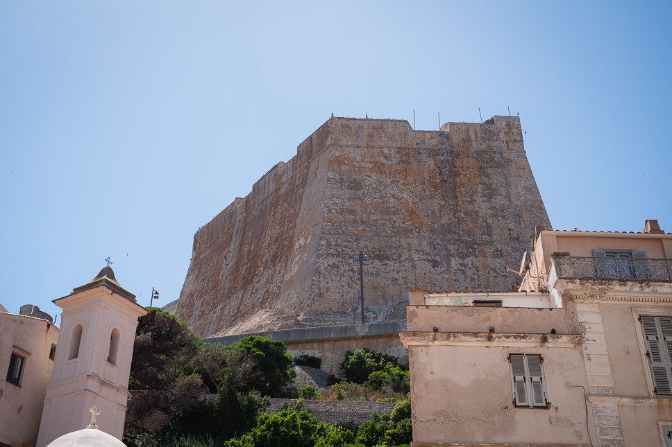 View of Bastion de l’Étendard from the harbor in Bonifacio